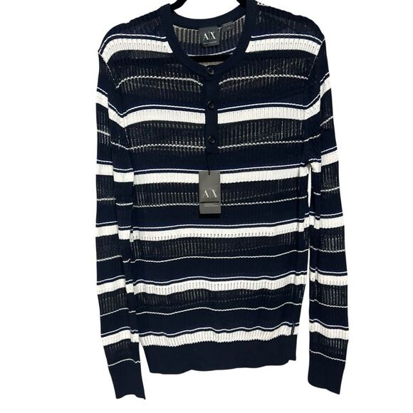 Armani Exchange Vintage Navy and White Open Weave Knit Striped Sweater - Picture 1 of 6